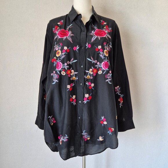 ZARA Floral Embroidered Cotton Silk Oversize Shirt Button Long Sleeve Black - Picture 1 of 13